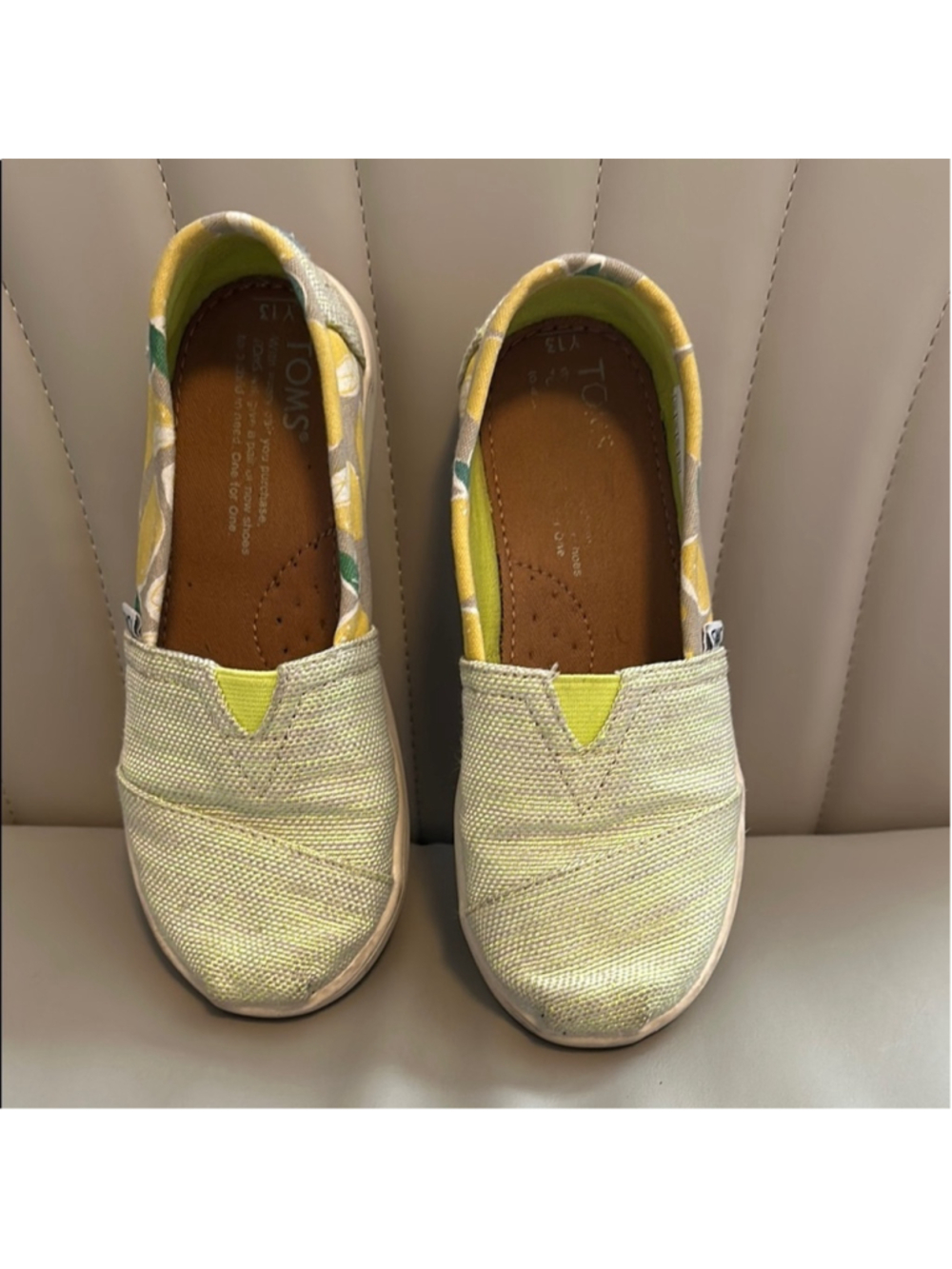 TOMS Lemon Print Canvas Slip On Shoes Kids Size 13 Yellow